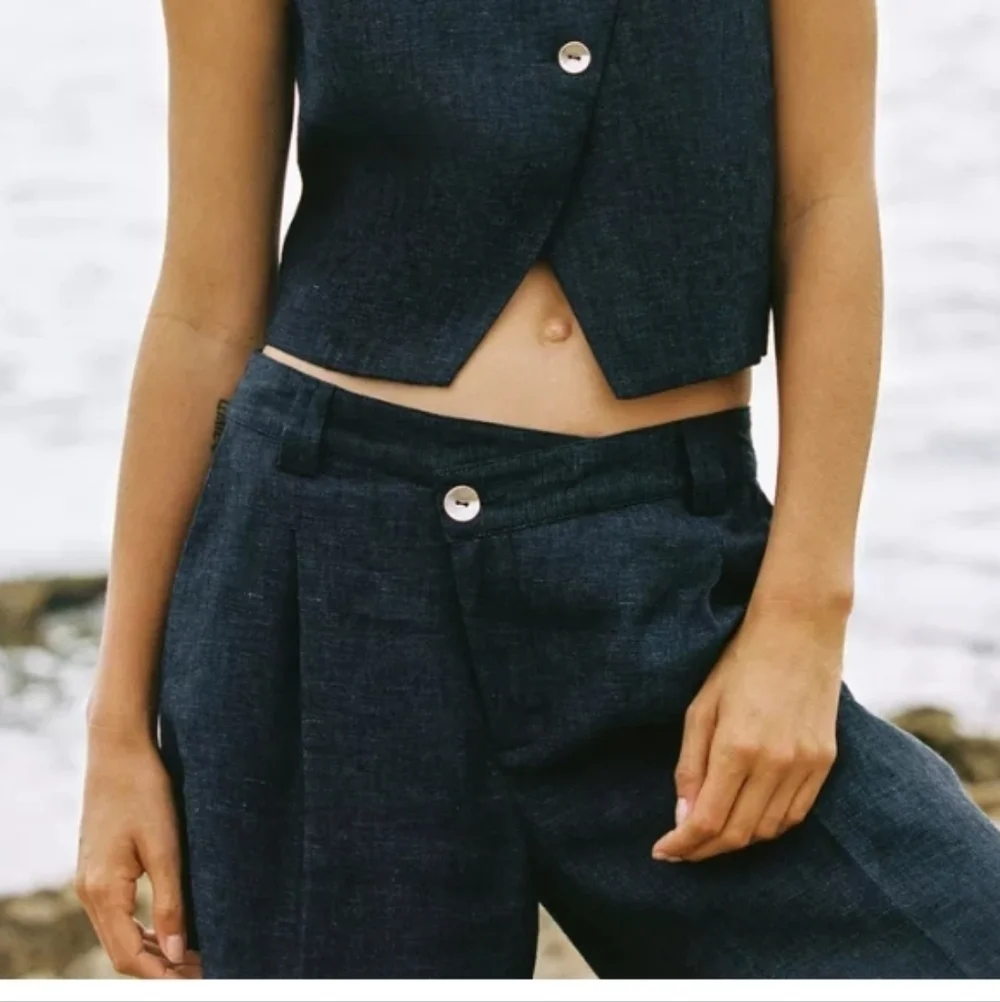 Zara 100% Linen Indigo Wide-Leg Wrap Front Pants And Pleats Detail Sz-S